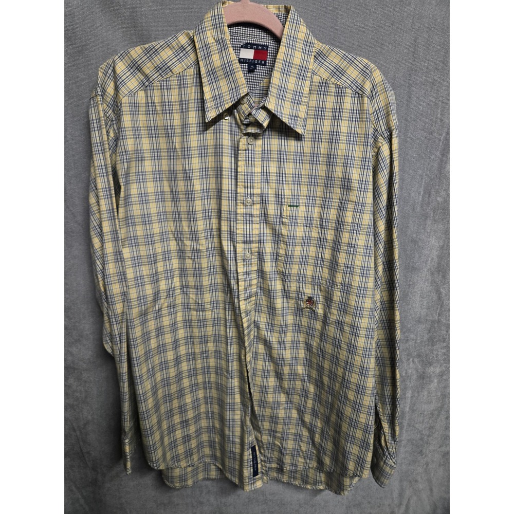 Vintage Tommy Hilfiger Plaid Button Down Shirt Mens Medium Yellow Blue 80s 2 Ply